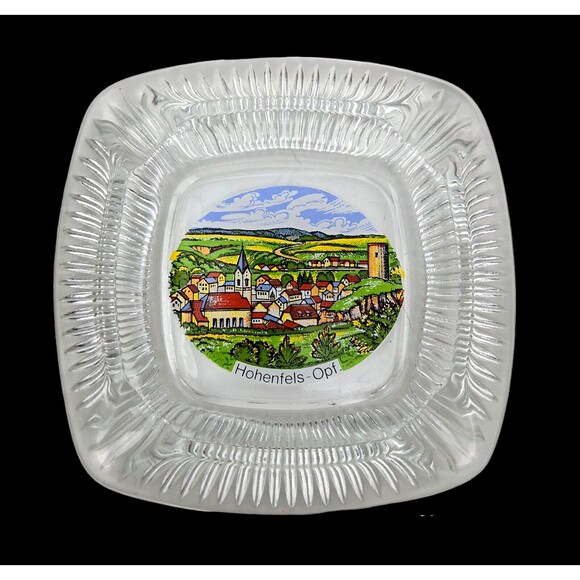 Hohenfels Opf Bavaria Germany Clear Glass Ashtray w/ Center Image Square 4 Slots - Picture 1 of 14
